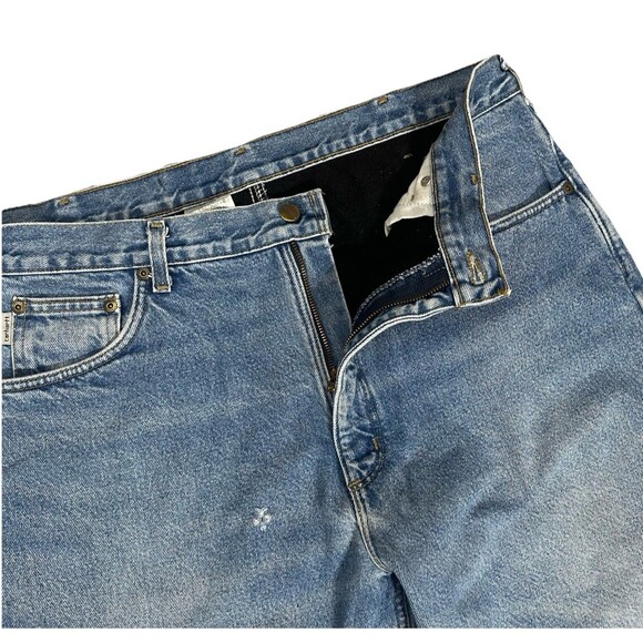 Carhartt Faded Blue Distressed Fleece Lined Jeans Mens Sz 38 Denim Workwear Rip - Picture 6 of 10